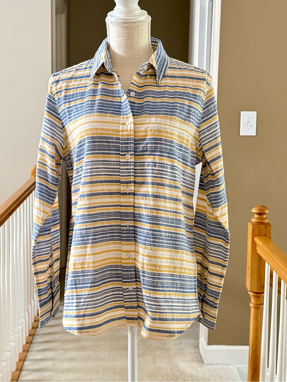Wildfang Ace Hampton Stripe Button-Up in Blue, Yellow, and White